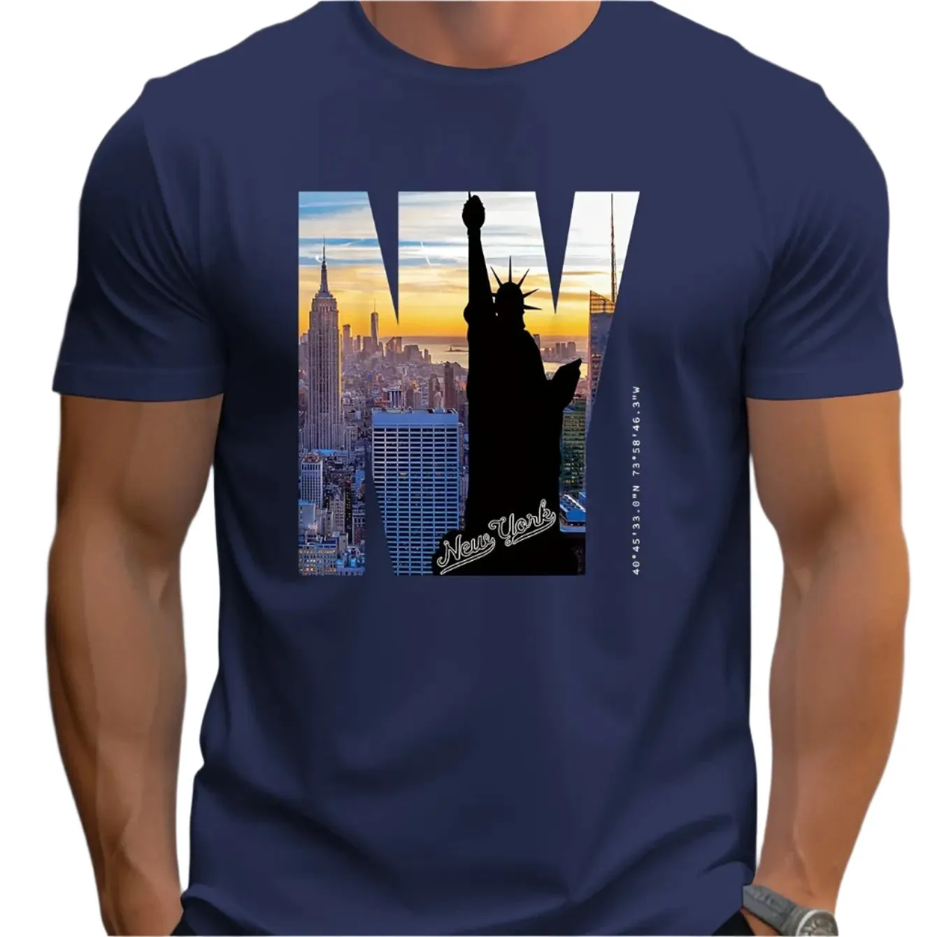 Men's 100% Cotton NY Graphic Print T-Shirt – Loose Fit, Large Size, Slim Fit, Round Neck, Short Sleeve Summer Casual Shirt