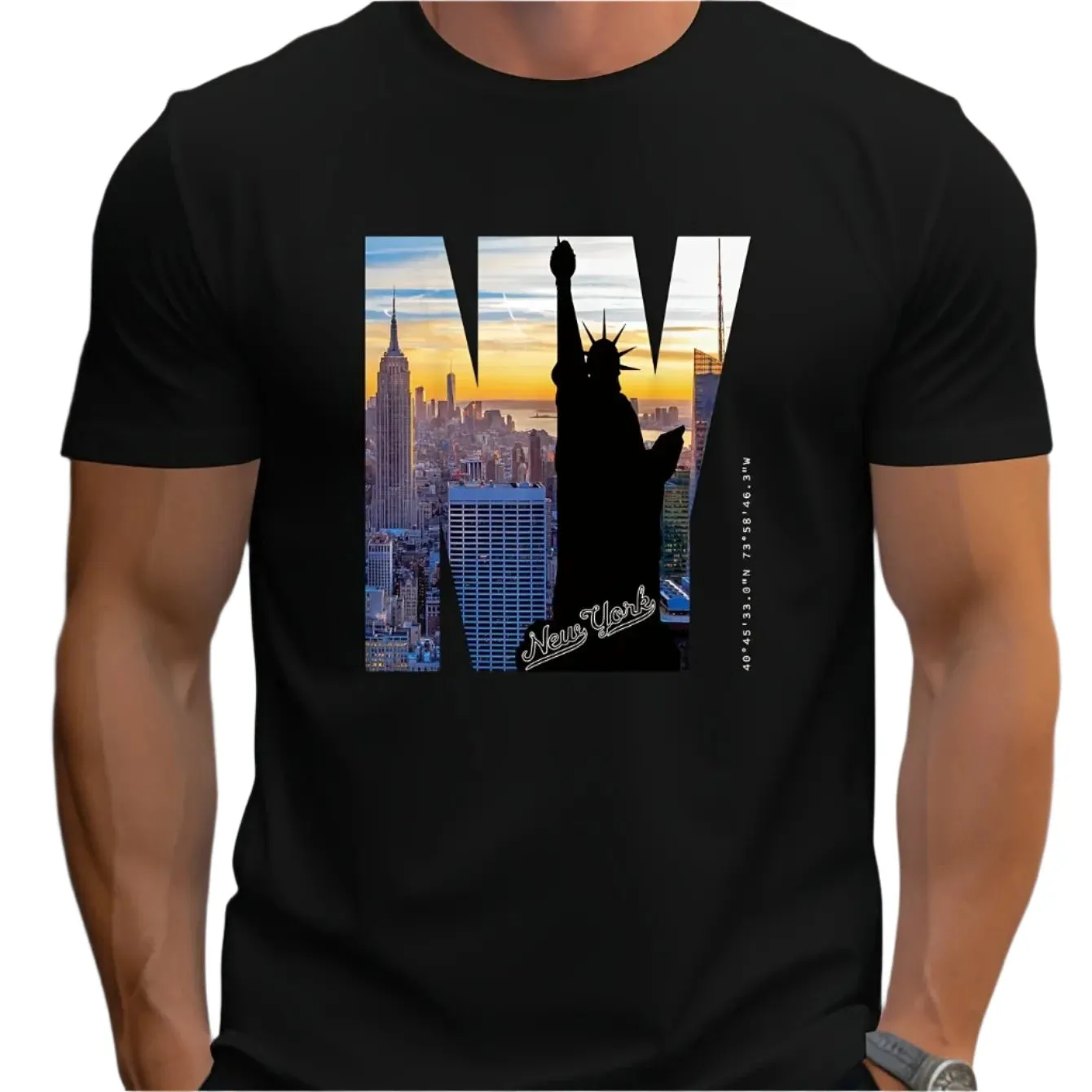 Men's 100% Cotton NY Graphic Print T-Shirt – Loose Fit, Large Size, Slim Fit, Round Neck, Short Sleeve Summer Casual Shirt