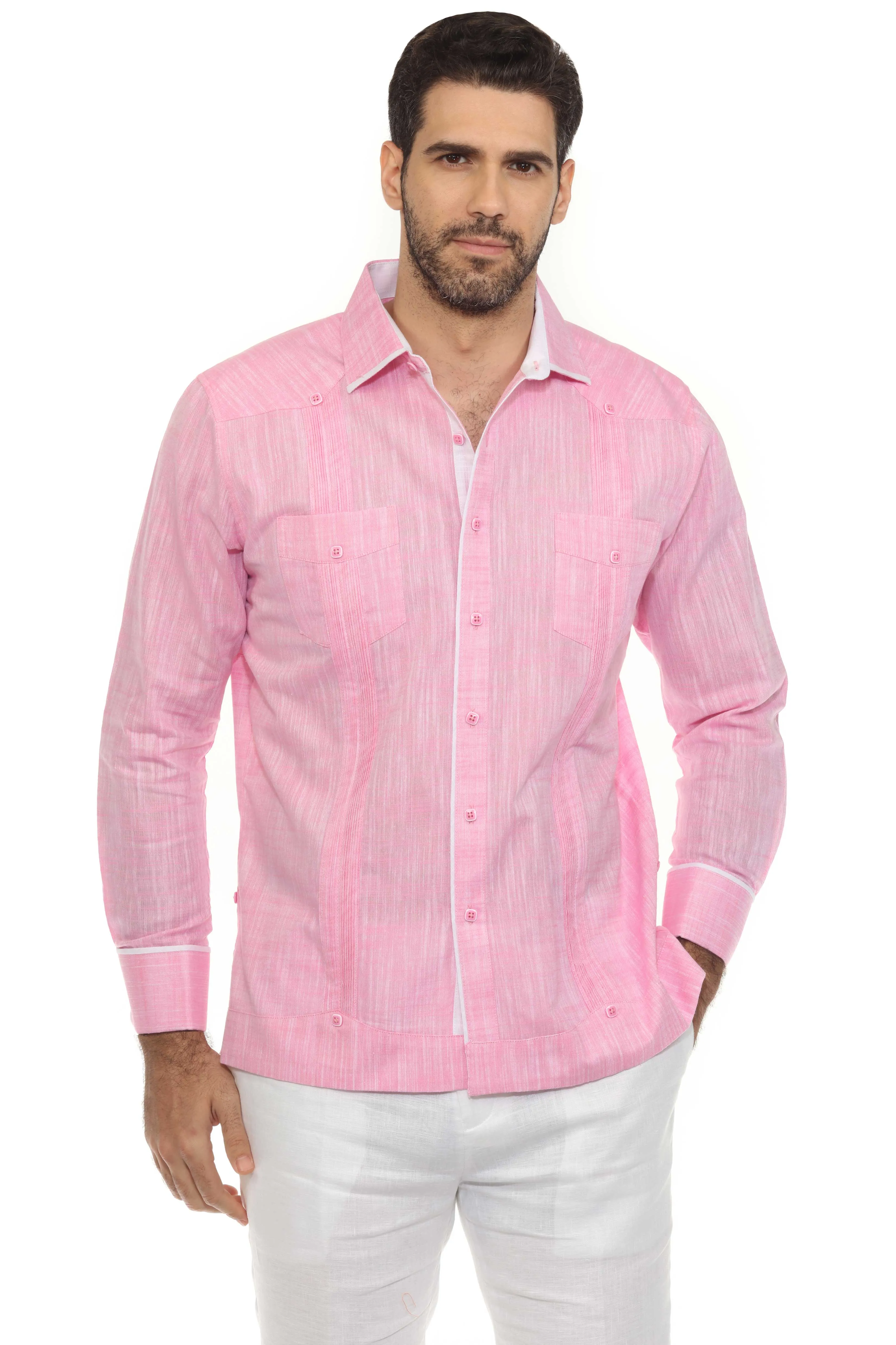 Men's Cotton Blend Guayabera Chacabana Shirt Long Sleeve with Accent Trim