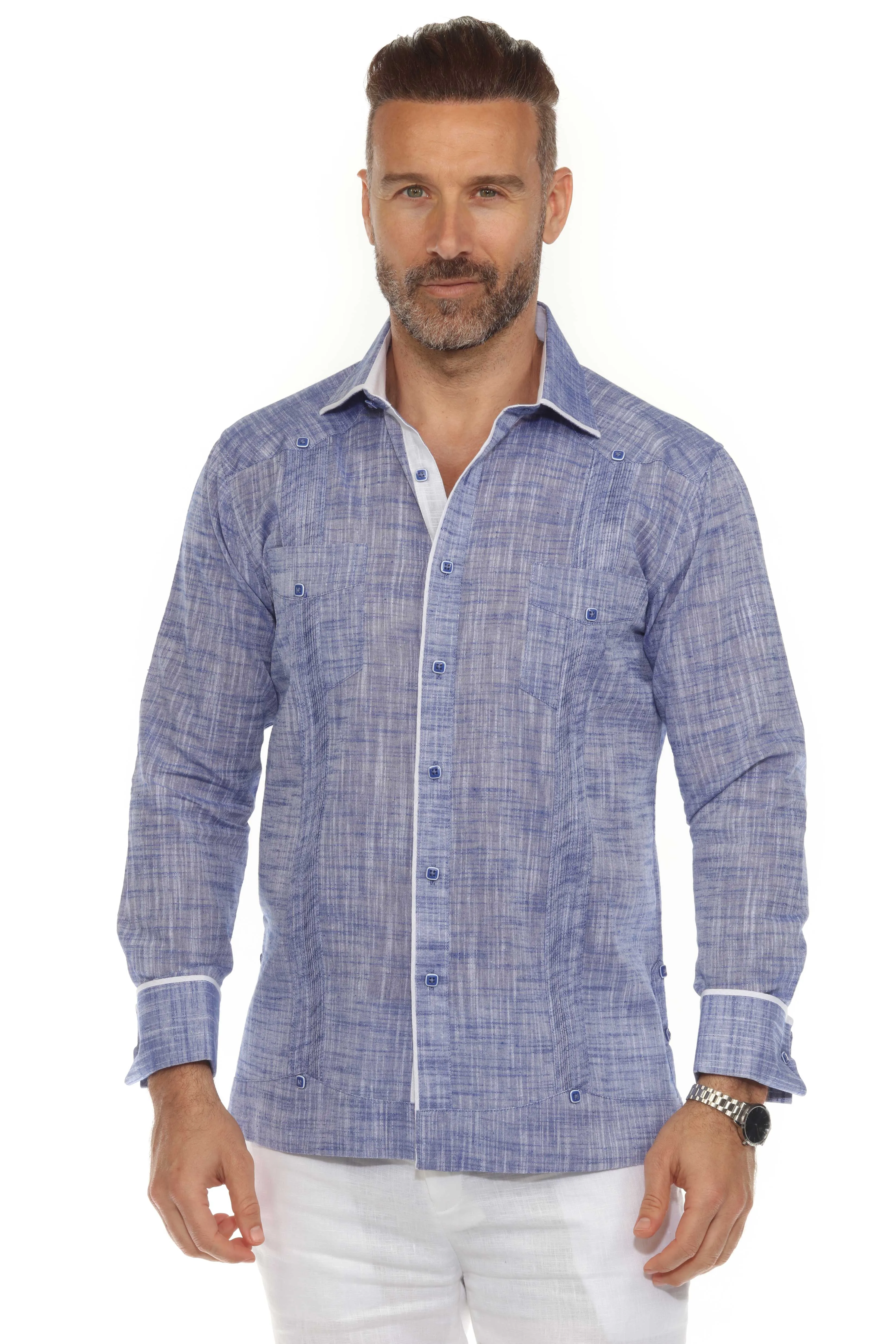 Men's Cotton Blend Guayabera Chacabana Shirt Long Sleeve with Accent Trim