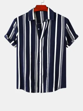 Men's Cotton Linen Stripe Short Sleeve Shirt