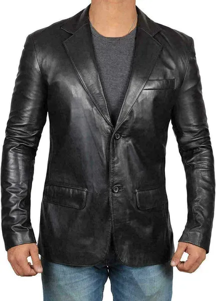 MENS GENUINE LAMBSKIN LEATHER BLAZER JACKET COAT TWO BUTTON BLACK SLIM FIT COAT