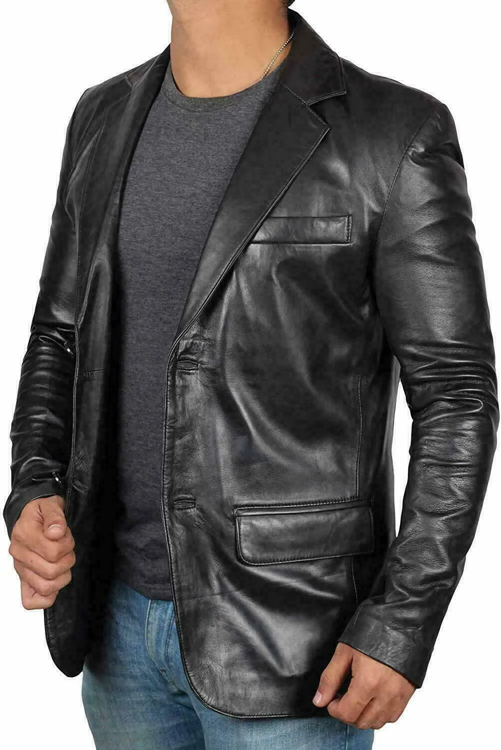 MENS GENUINE LAMBSKIN LEATHER BLAZER JACKET COAT TWO BUTTON BLACK SLIM FIT COAT