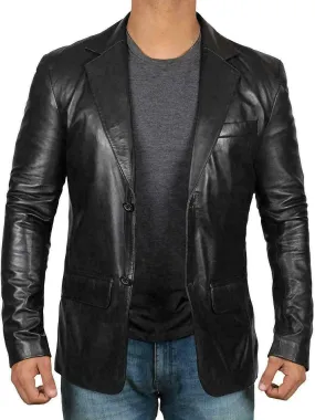MENS GENUINE LAMBSKIN LEATHER BLAZER JACKET COAT TWO BUTTON BLACK SLIM FIT COAT