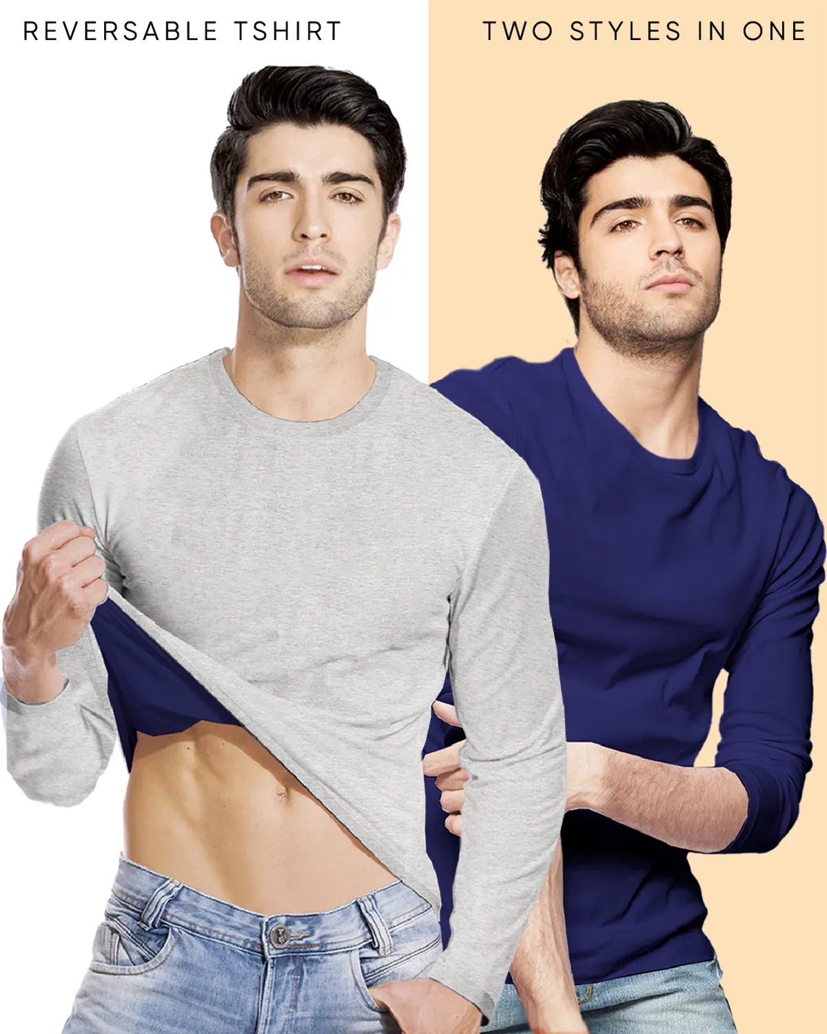 Mens (Pack of 1 ) Full Sleeve Reversible T-Shirt / Grey & Navy