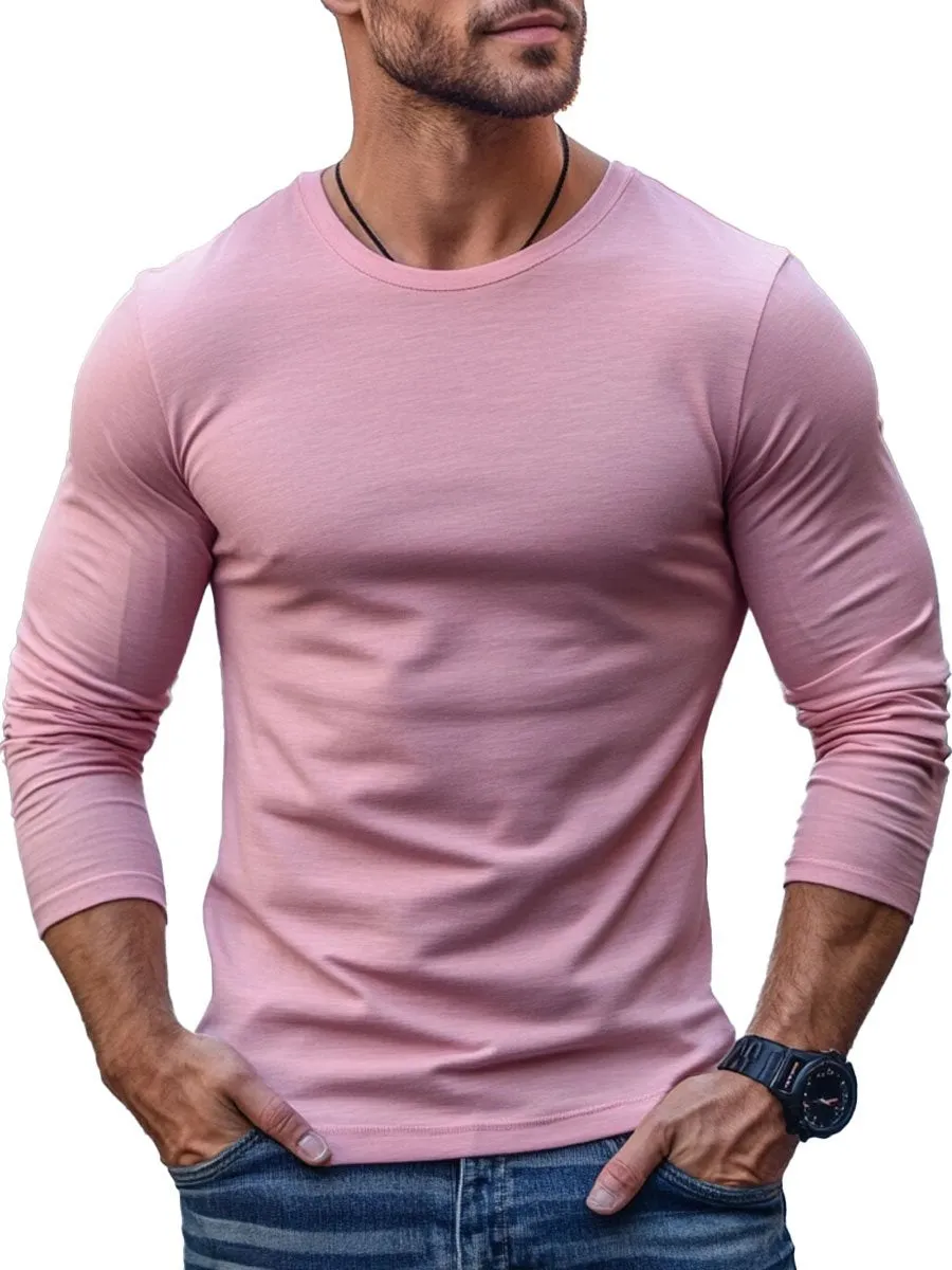 Men's Pink Round Neck Long Sleeve T-Shirt