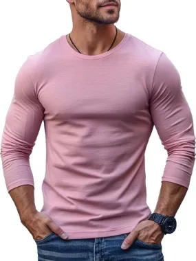 Men's Pink Round Neck Long Sleeve T-Shirt