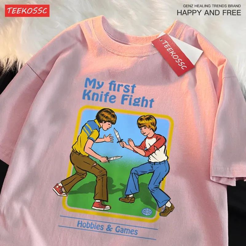 My First Knife Fight Hobbies Games Print T-Shirts for Men & Women - Soft, Casual, Oversized Cotton Streetwear - Perfect Summer Hip-Hop T-Shirt