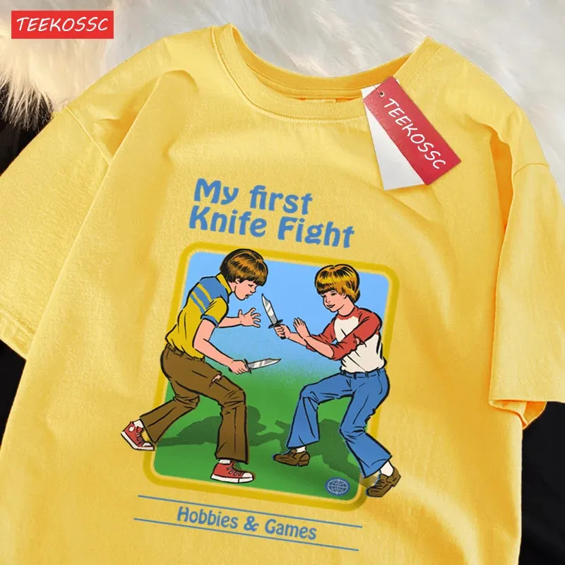 My First Knife Fight Hobbies Games Print T-Shirts for Men & Women - Soft, Casual, Oversized Cotton Streetwear - Perfect Summer Hip-Hop T-Shirt
