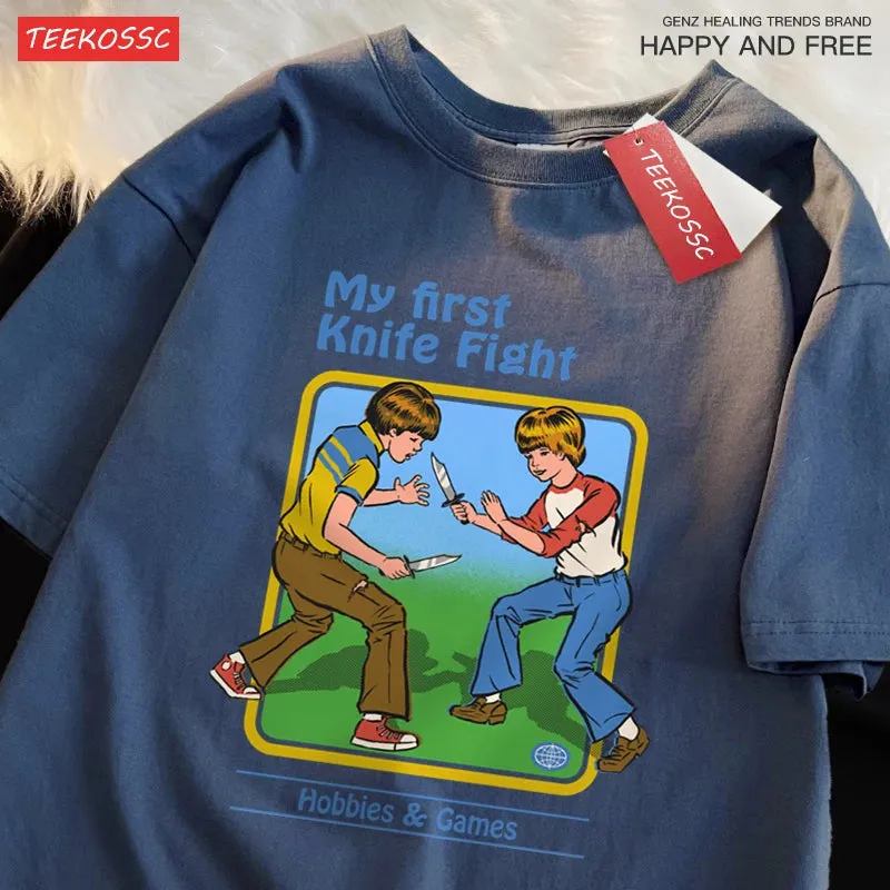 My First Knife Fight Hobbies Games Print T-Shirts for Men & Women - Soft, Casual, Oversized Cotton Streetwear - Perfect Summer Hip-Hop T-Shirt