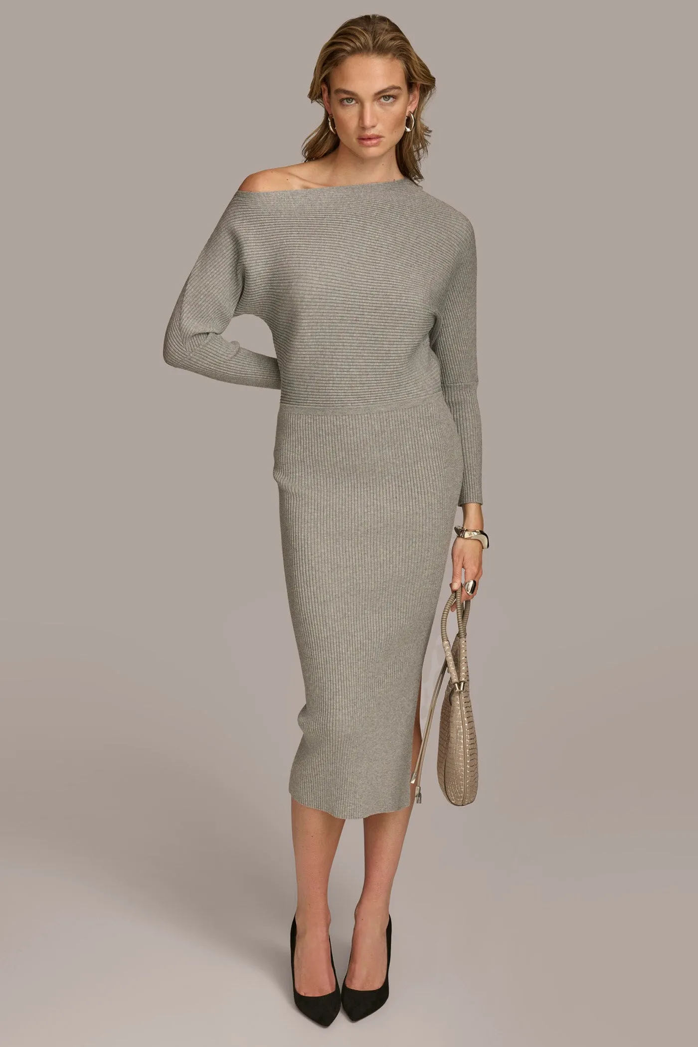 ONE SHOULDER SWEATER MIDI DRESS