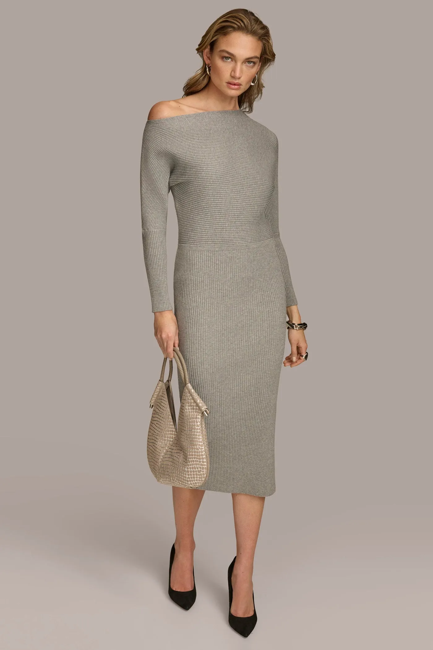 ONE SHOULDER SWEATER MIDI DRESS