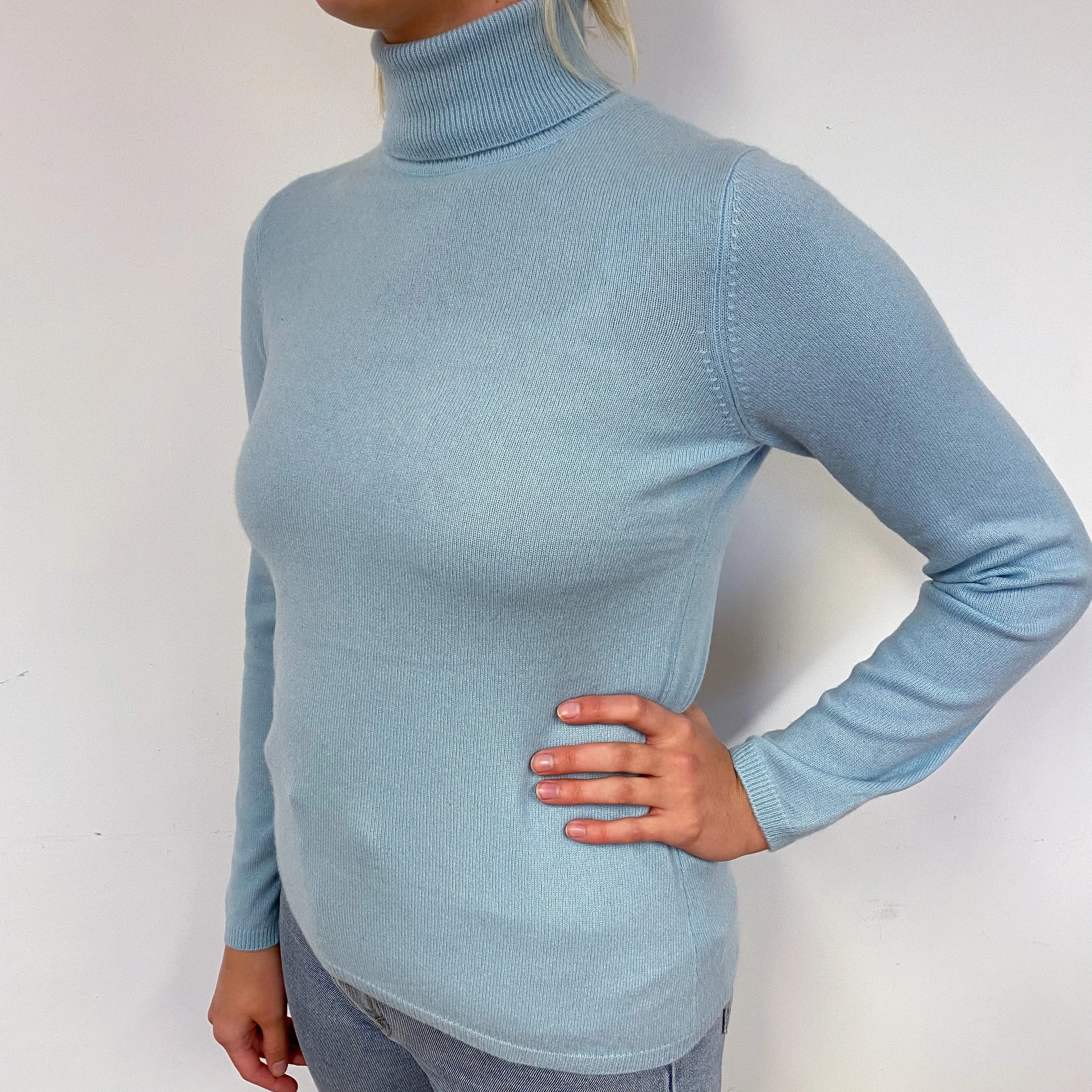 Pale Blue Green Cashmere Polo Neck Jumper Small