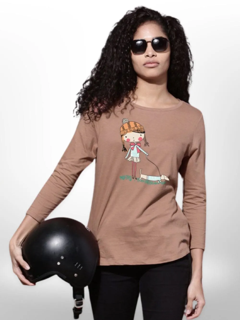 Pet With Cute Girls Printed T-shirt 4 Quarter Sleeve