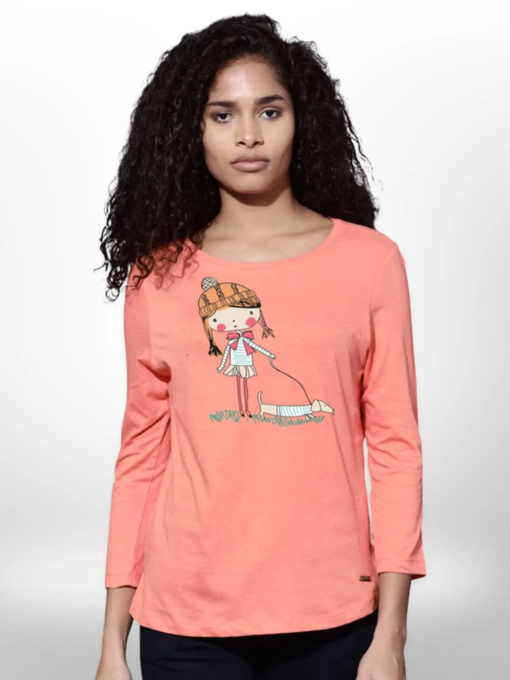 Pet With Cute Girls Printed T-shirt 4 Quarter Sleeve