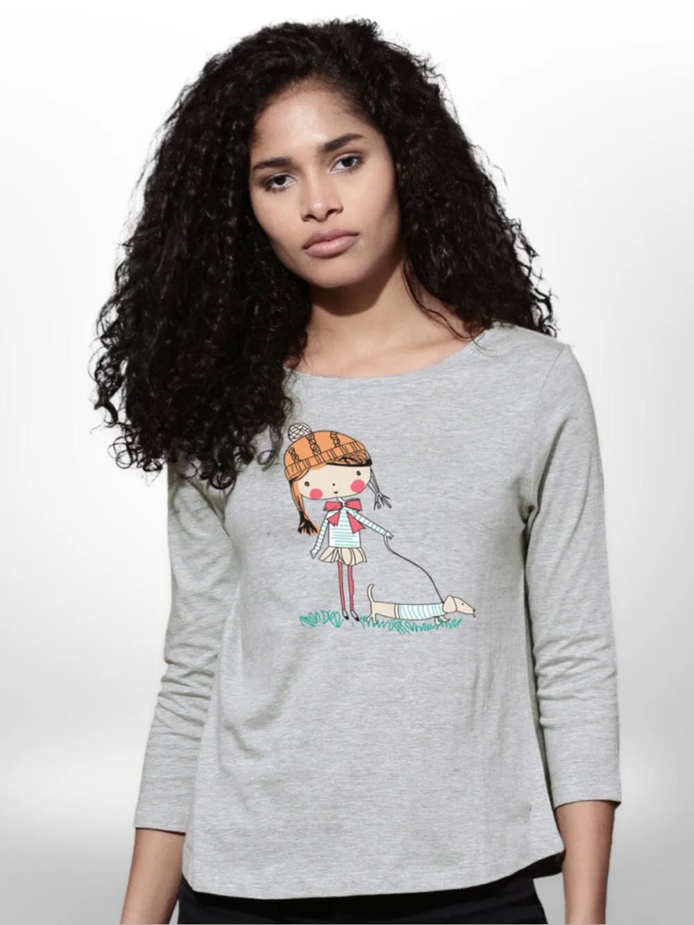 Pet With Cute Girls Printed T-shirt 4 Quarter Sleeve