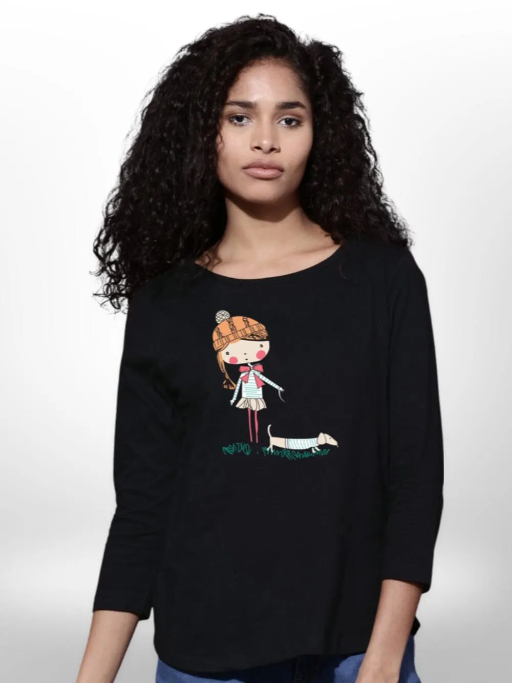 Pet With Cute Girls Printed T-shirt 4 Quarter Sleeve
