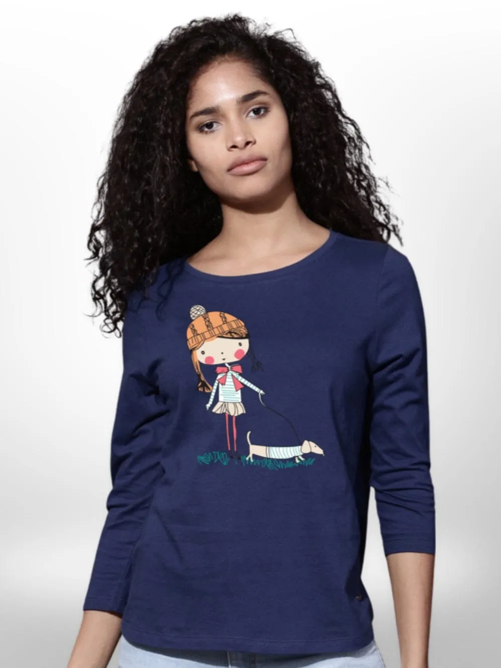 Pet With Cute Girls Printed T-shirt 4 Quarter Sleeve