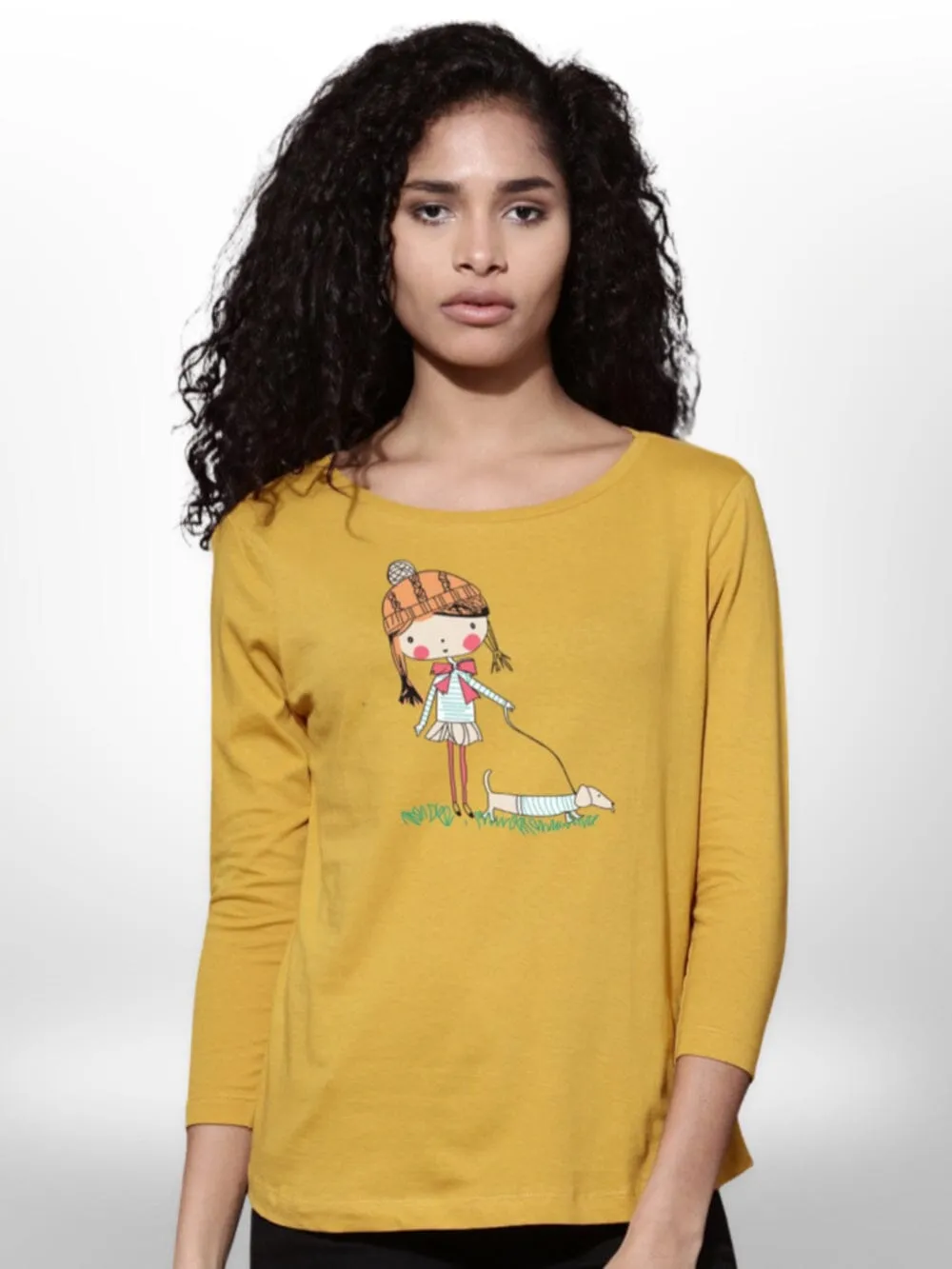 Pet With Cute Girls Printed T-shirt 4 Quarter Sleeve
