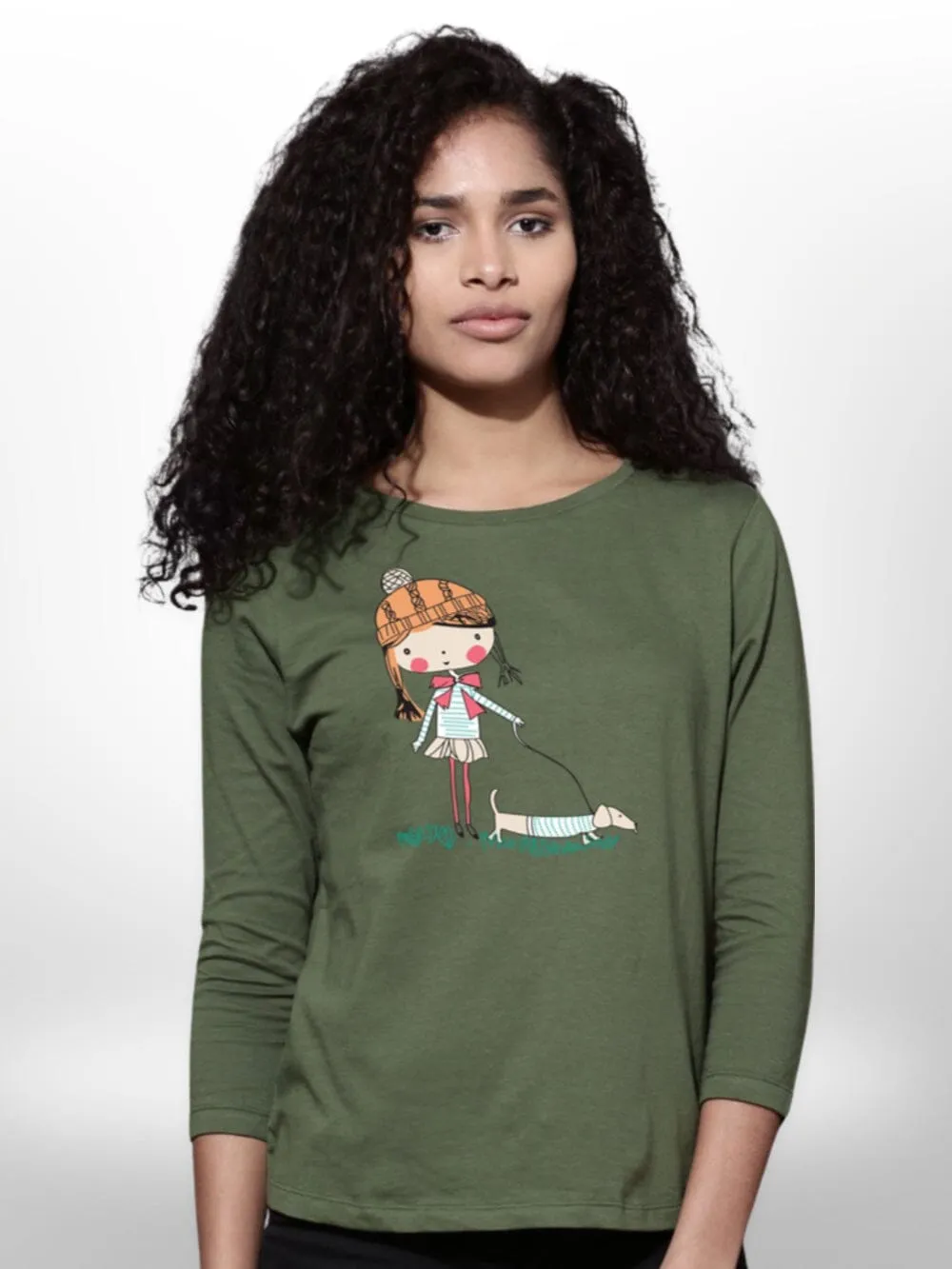 Pet With Cute Girls Printed T-shirt 4 Quarter Sleeve