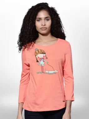 Pet With Cute Girls Printed T-shirt 4 Quarter Sleeve