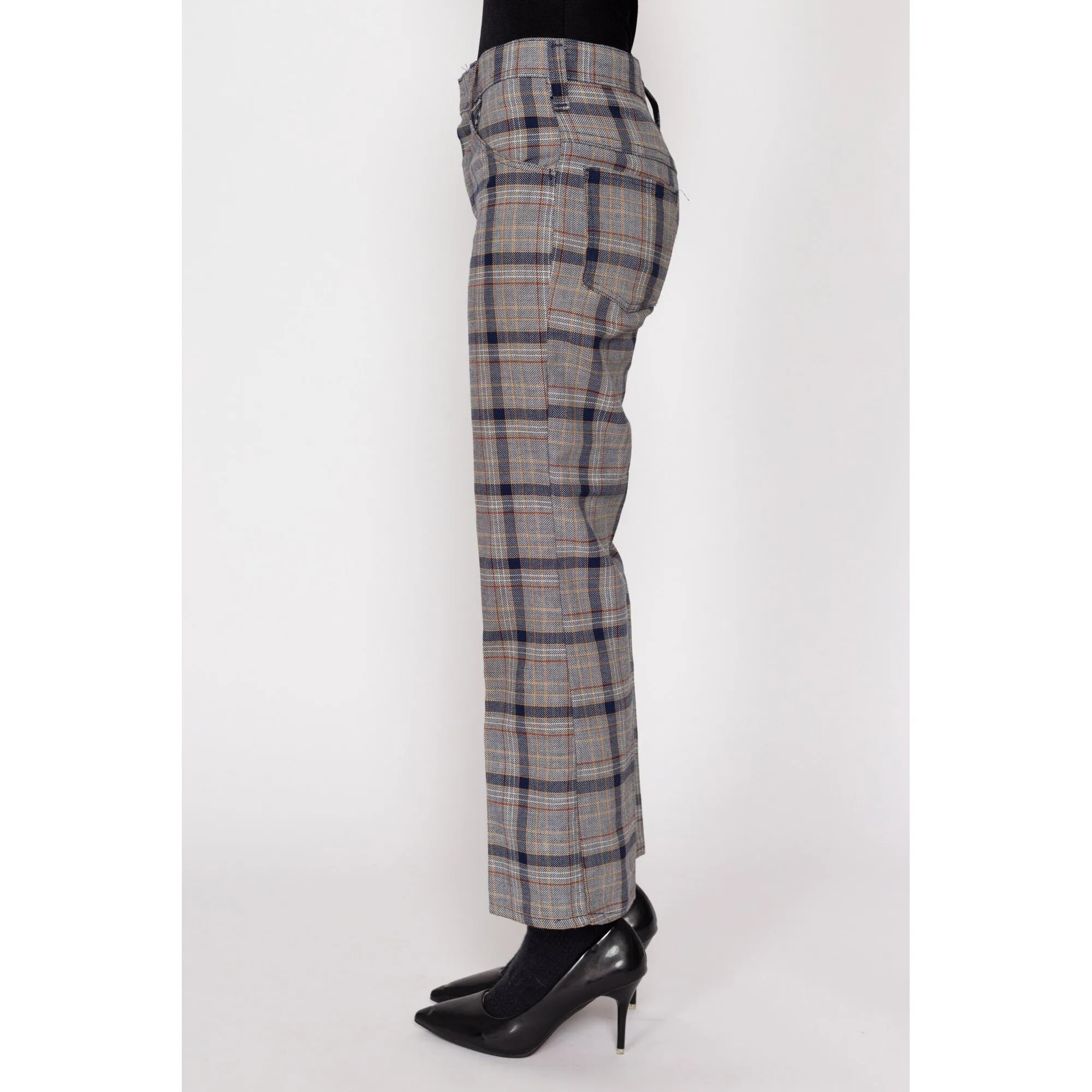 Petite XS 70s Grey Plaid Flared Trousers