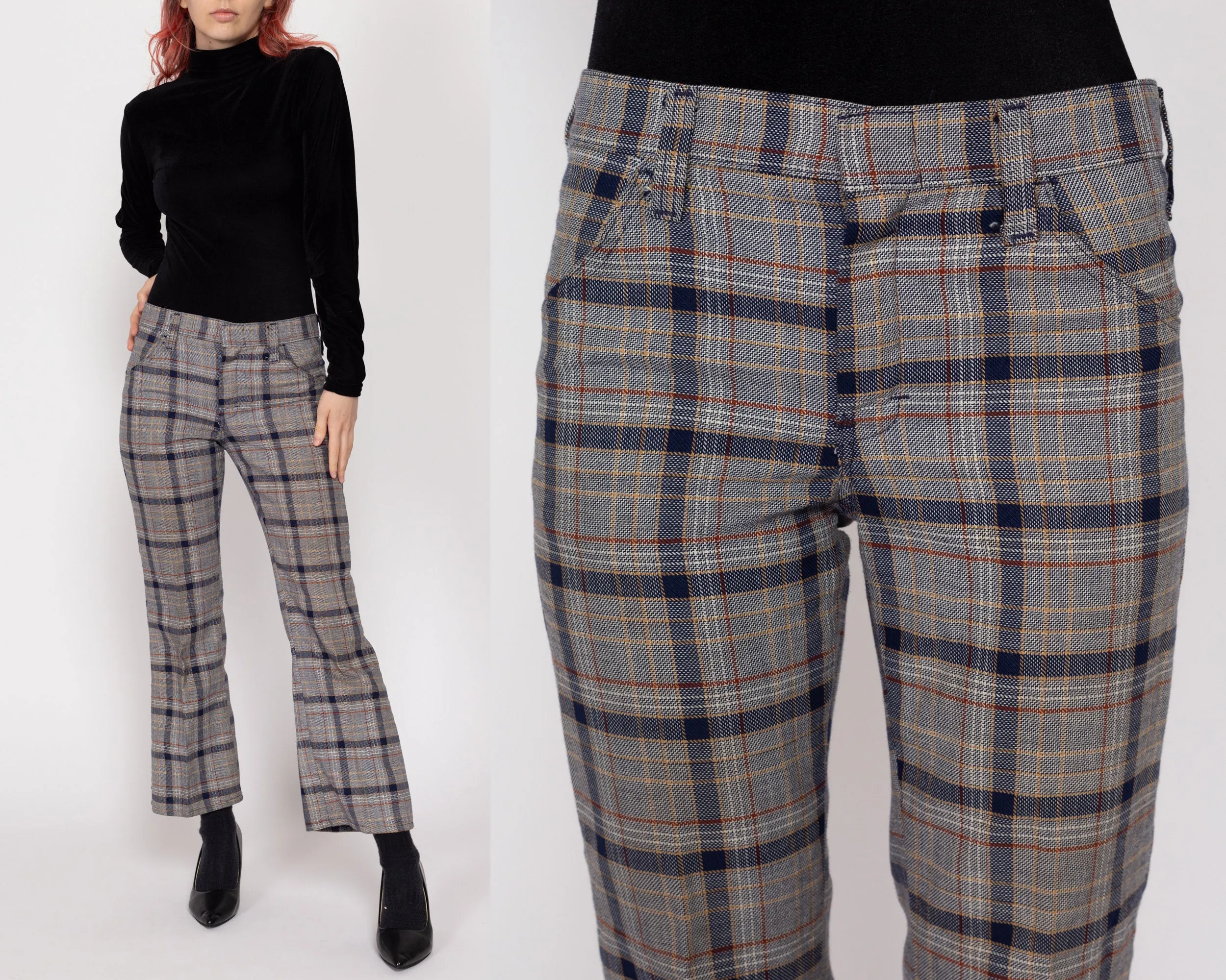 Petite XS 70s Grey Plaid Flared Trousers