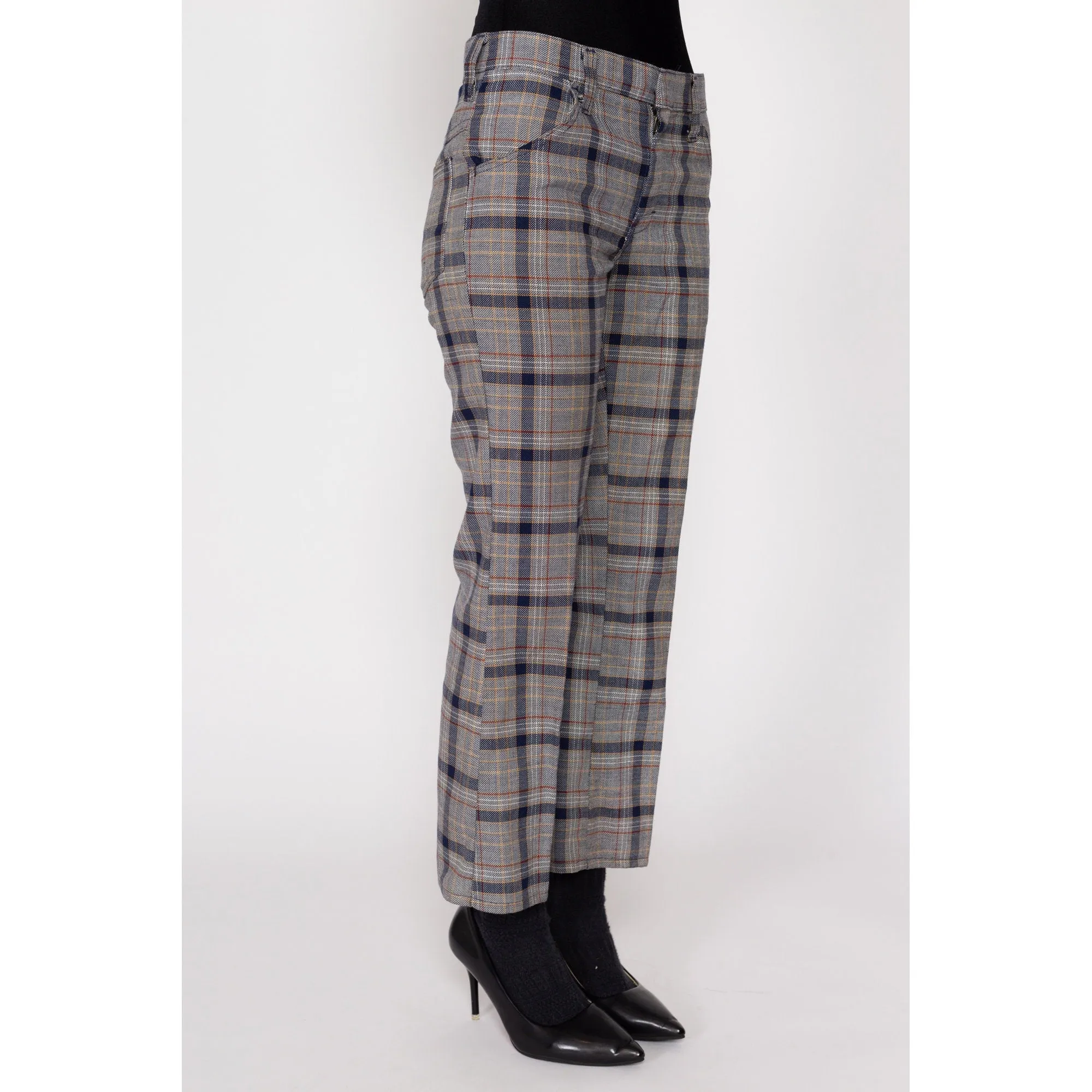 Petite XS 70s Grey Plaid Flared Trousers