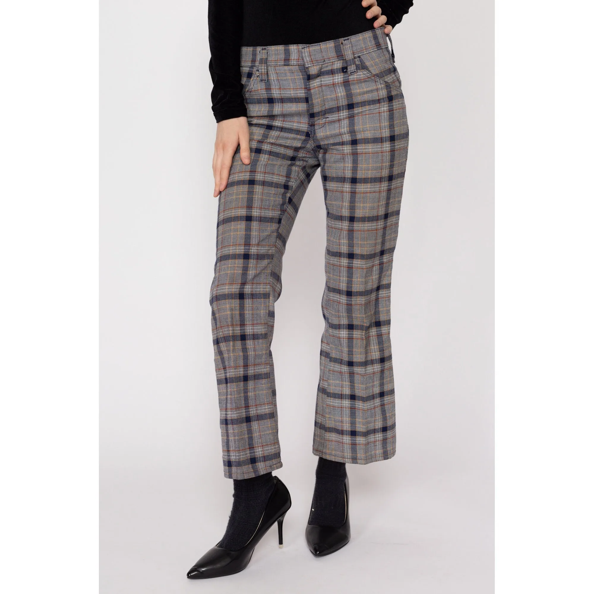 Petite XS 70s Grey Plaid Flared Trousers