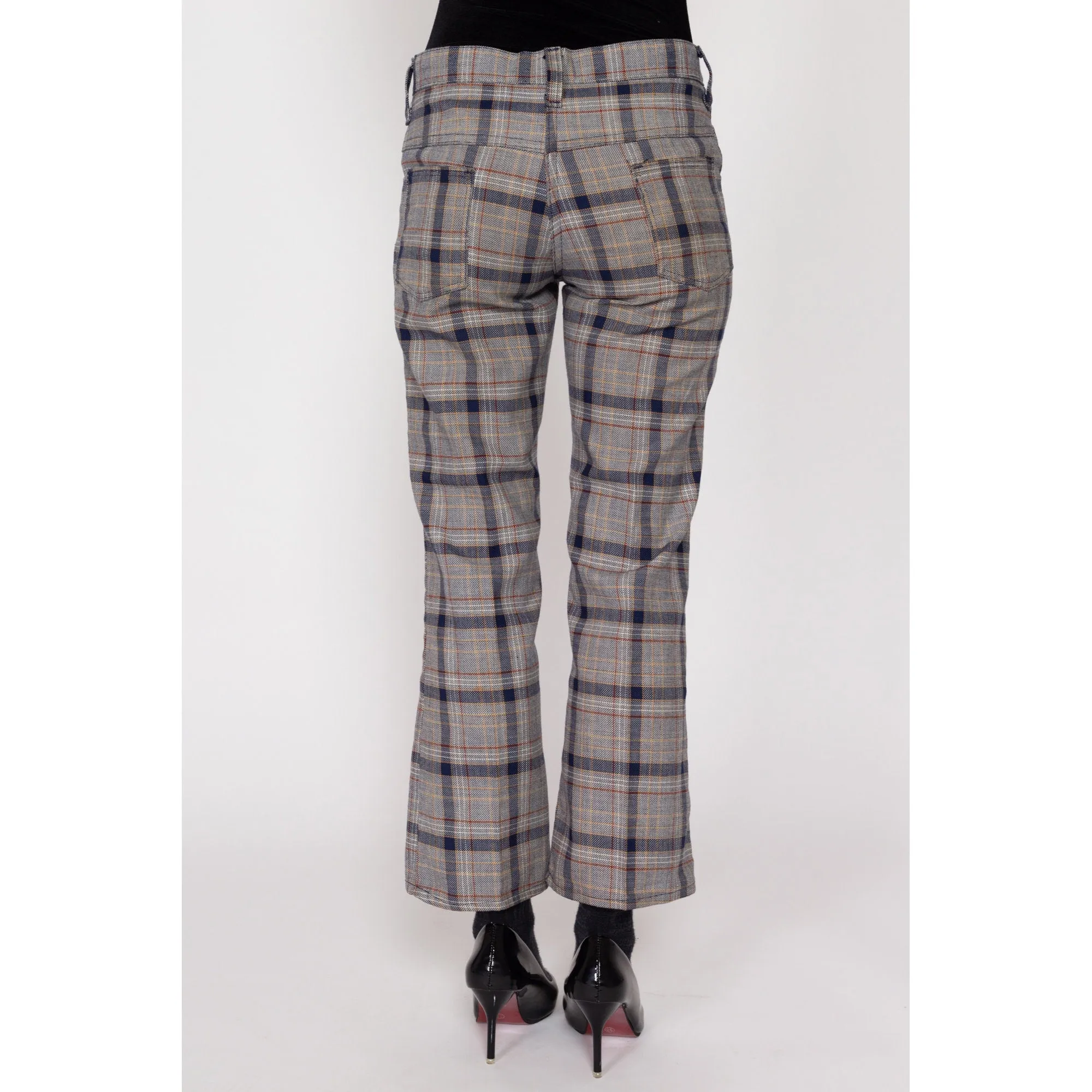 Petite XS 70s Grey Plaid Flared Trousers