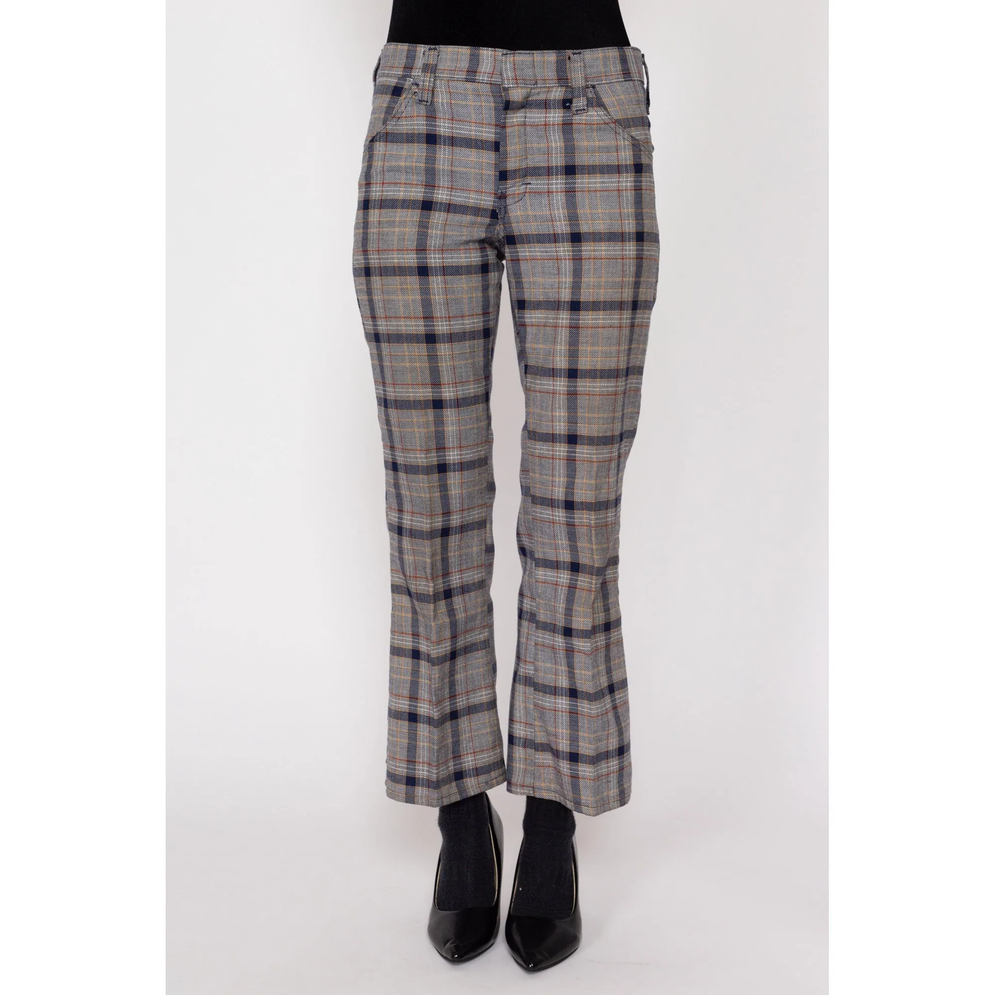 Petite XS 70s Grey Plaid Flared Trousers
