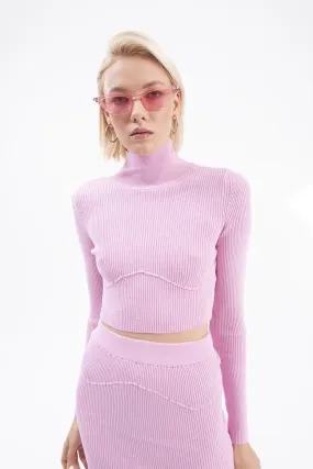 Pink Stand Collar Crop Knitted Blouse