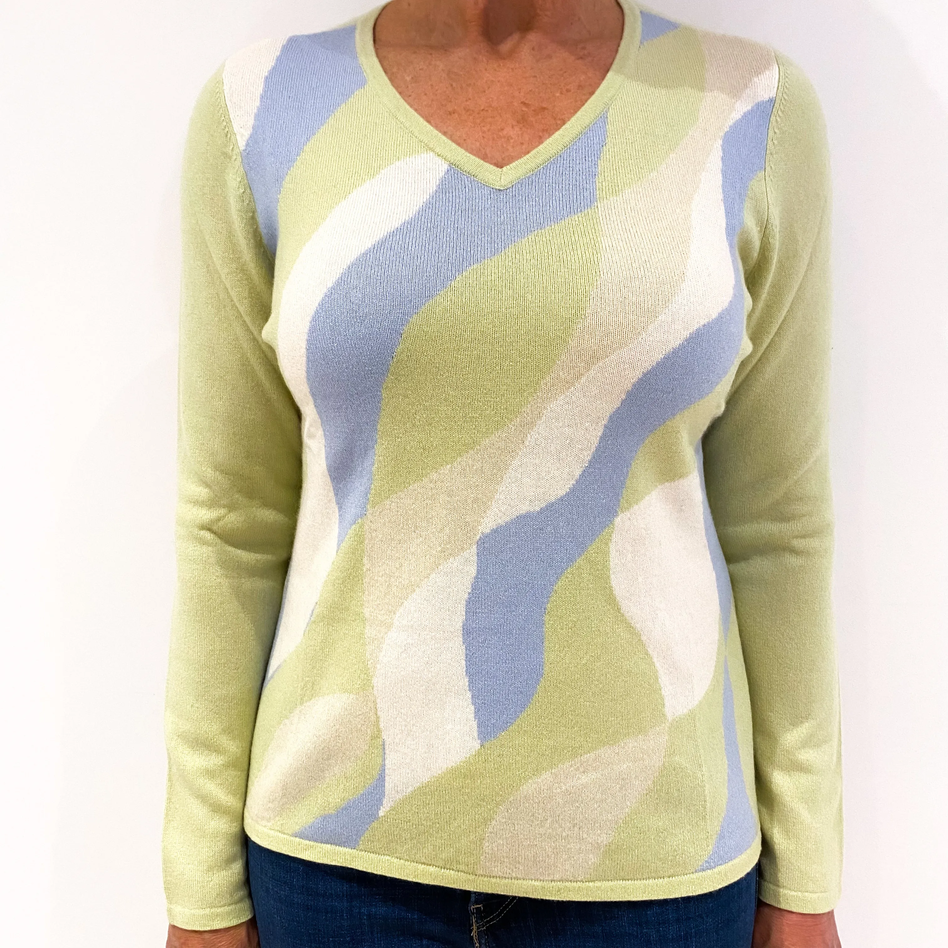 Pistachio Green Patterned Front Cashmere V-Neck Jumper Medium