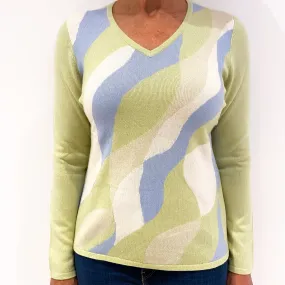 Pistachio Green Patterned Front Cashmere V-Neck Jumper Medium