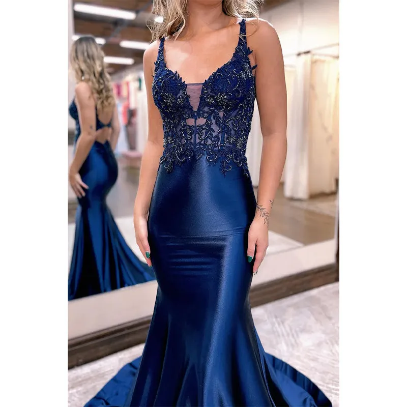 Plunging V-neck Beads Mermaid Long Prom Dress