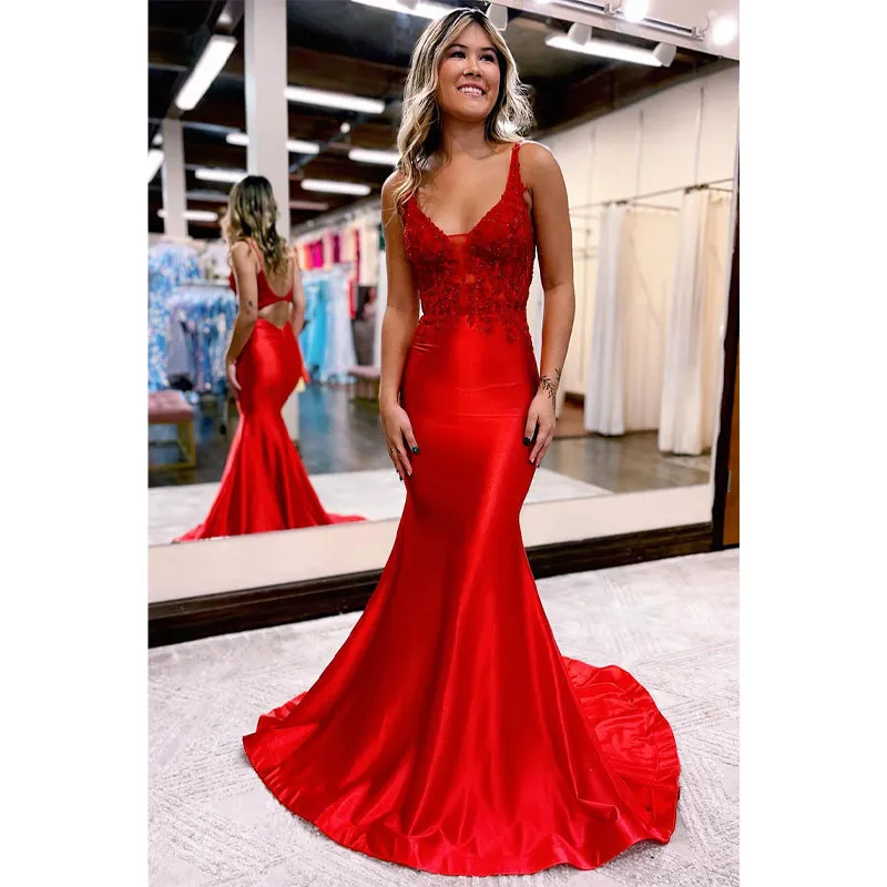 Plunging V-neck Beads Mermaid Long Prom Dress