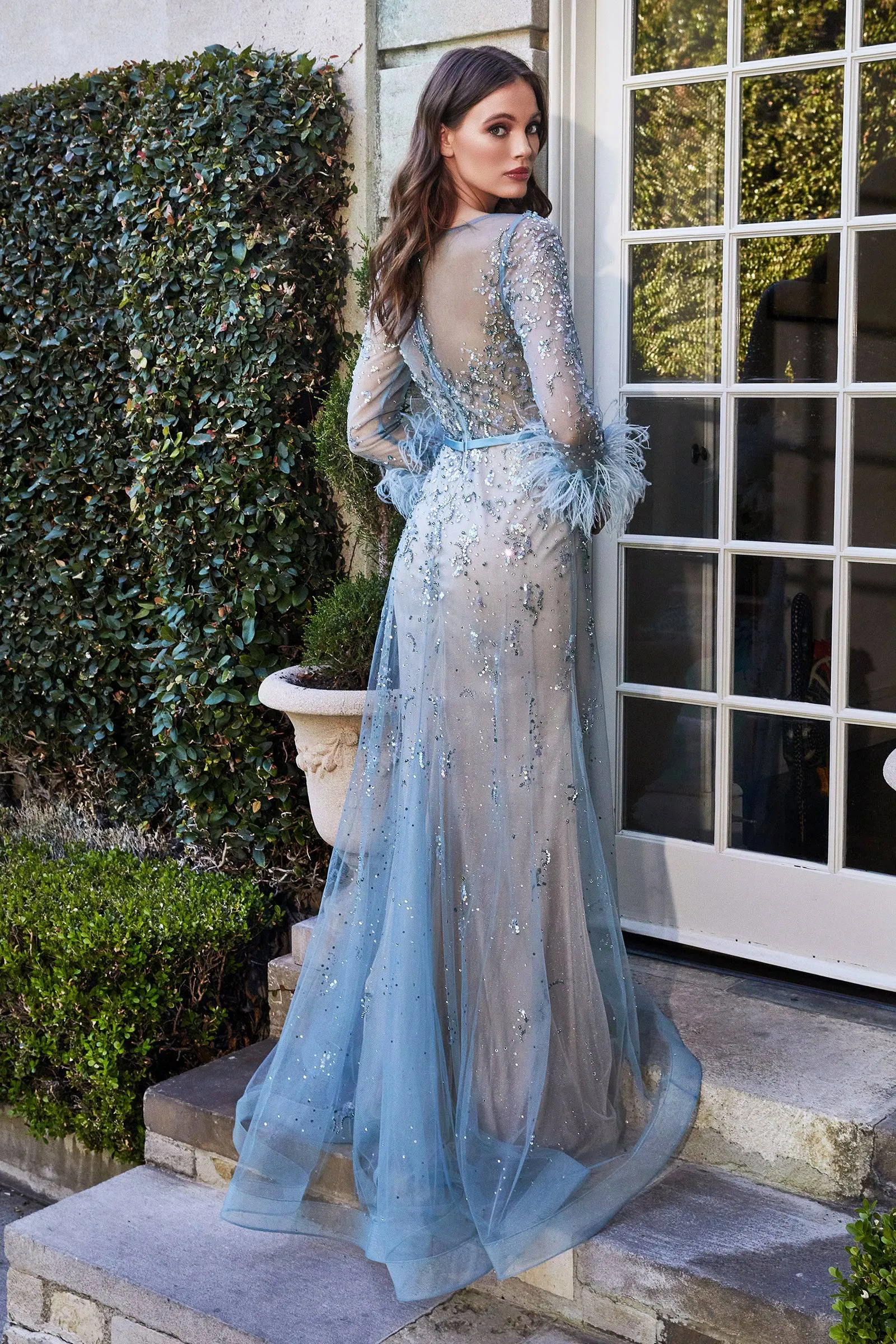 Pretty Long Dress With Sheer Overlay and Feather Accents on Sleeves #CDB716