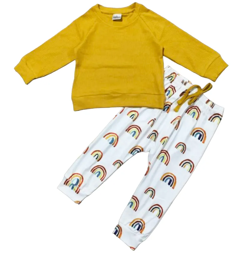 Rainbow Joggers and Mustard Shirt by AnnLoren