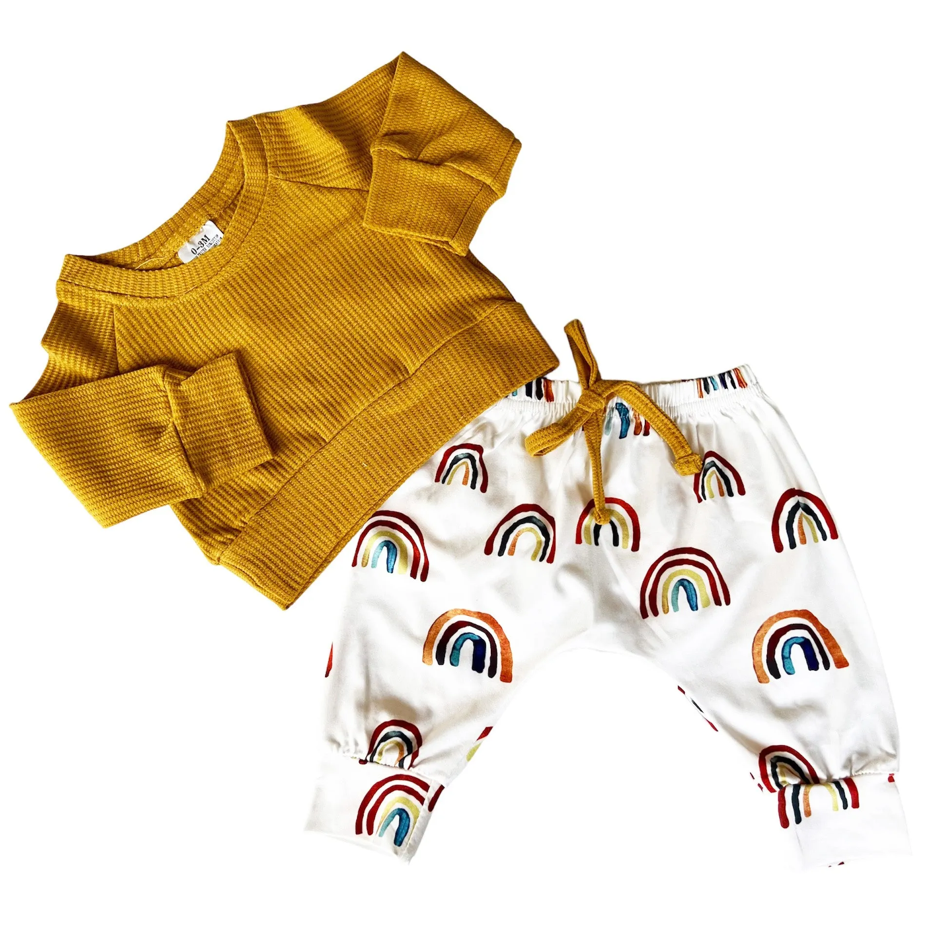 Rainbow Joggers and Mustard Shirt by AnnLoren