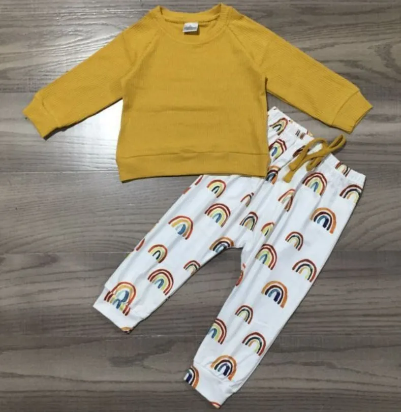 Rainbow Joggers and Mustard Shirt by AnnLoren