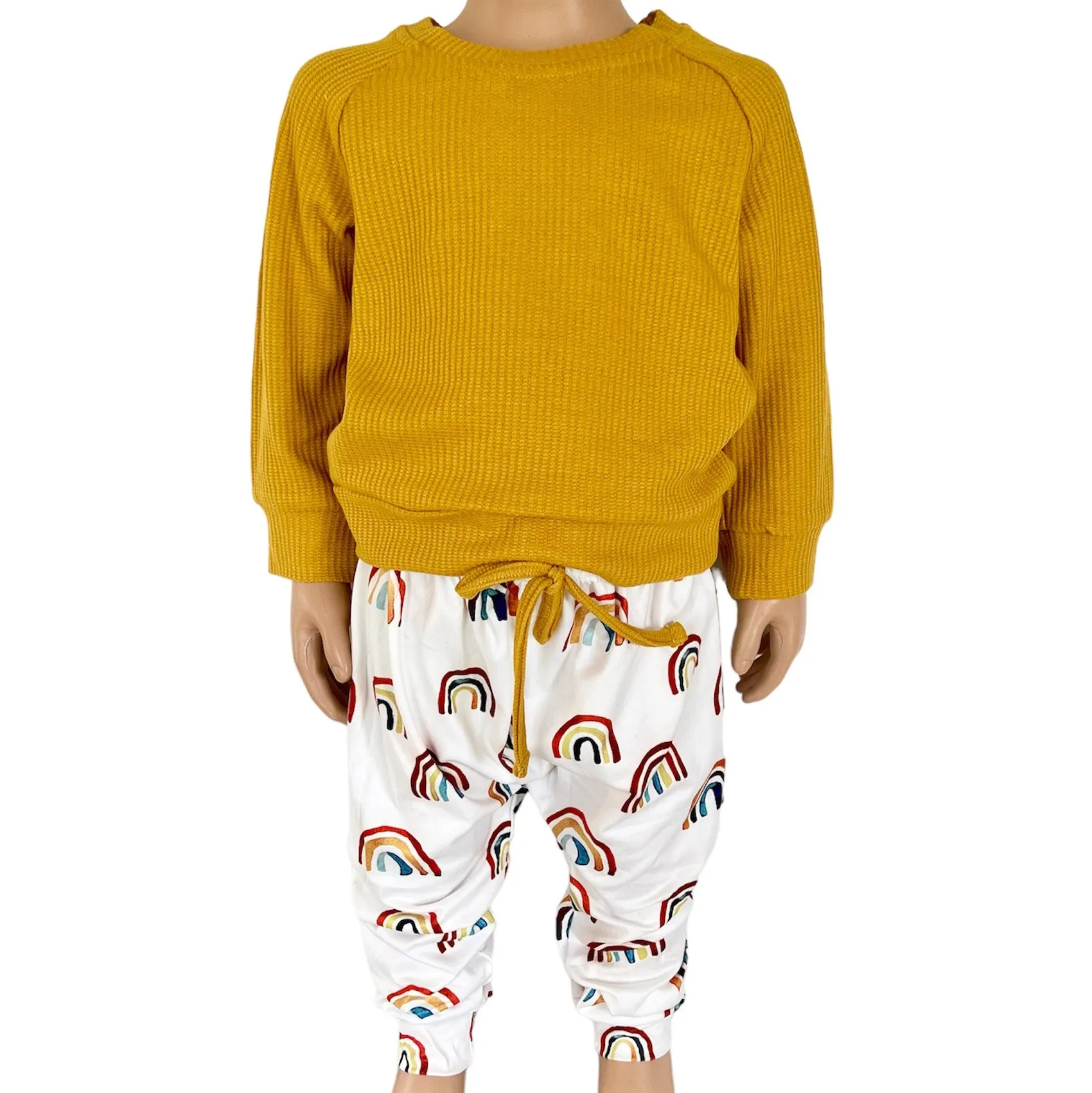 Rainbow Joggers and Mustard Shirt by AnnLoren
