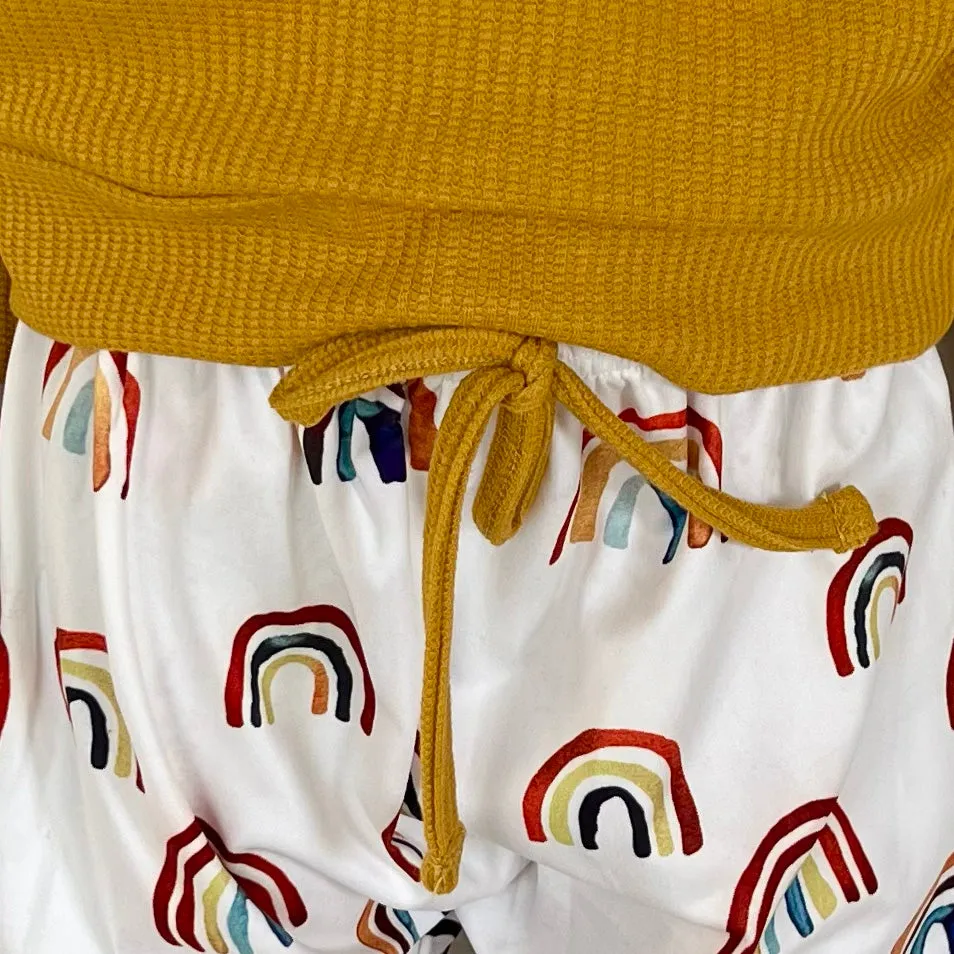 Rainbow Joggers and Mustard Shirt by AnnLoren