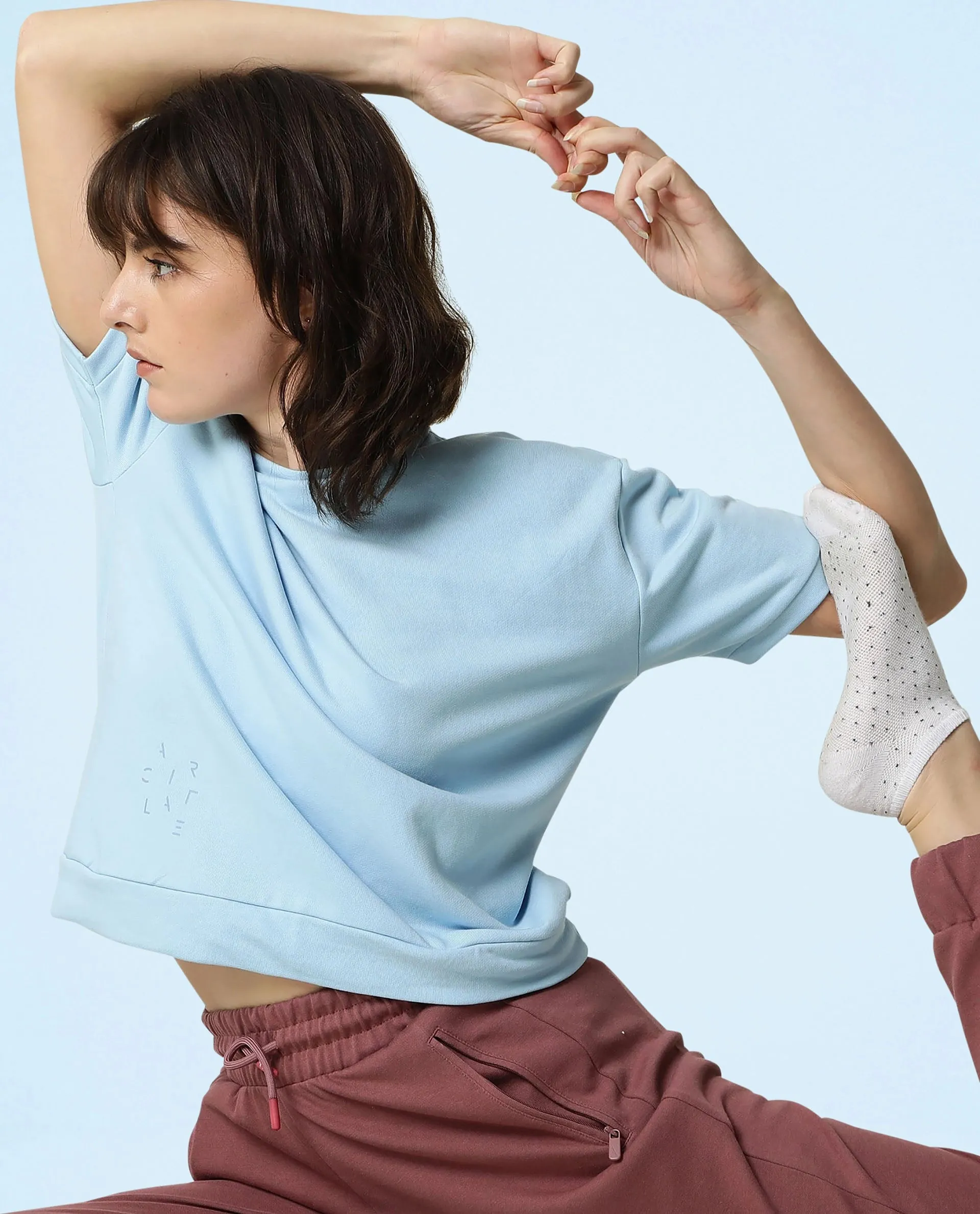 Rareism Women Coco Blue Cotton Fabric Half Sleeves Relaxed Fit Solid Round Neck Sweat Tee