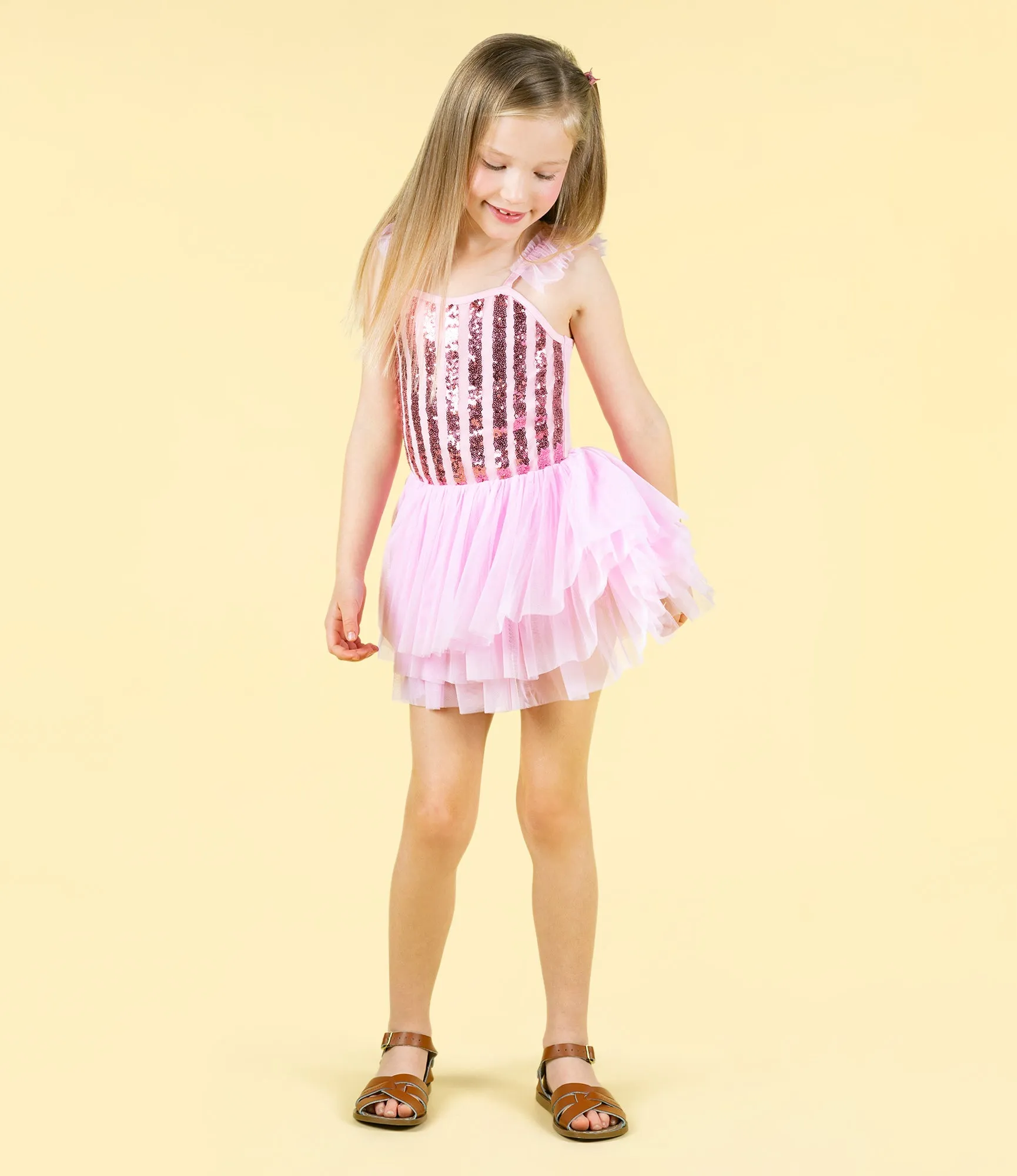 ROCK YOUR BABY PINK STRIPE SEQUIN TULLE LEOTARD DRESS