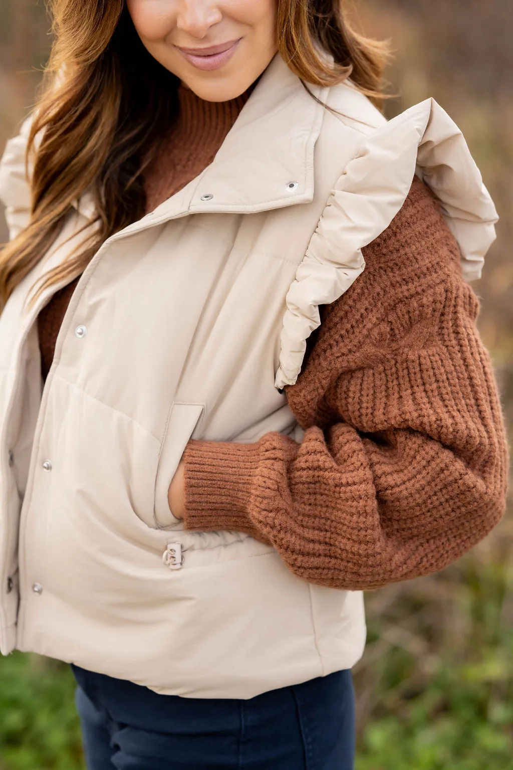 Ruffle Accented Puffer Vest