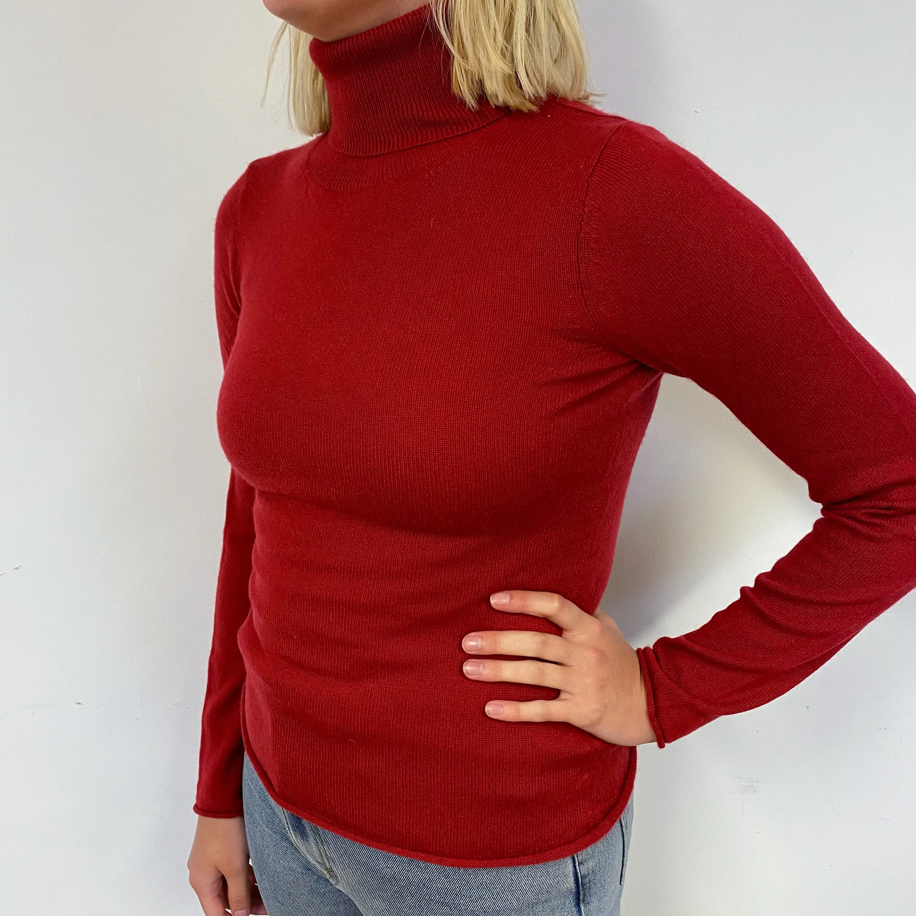 Scarlet Red Cashmere Polo Neck Jumper Small