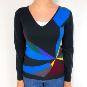 Scottish Dark Green Geometric Design Cashmere V-Neck Jumper Small