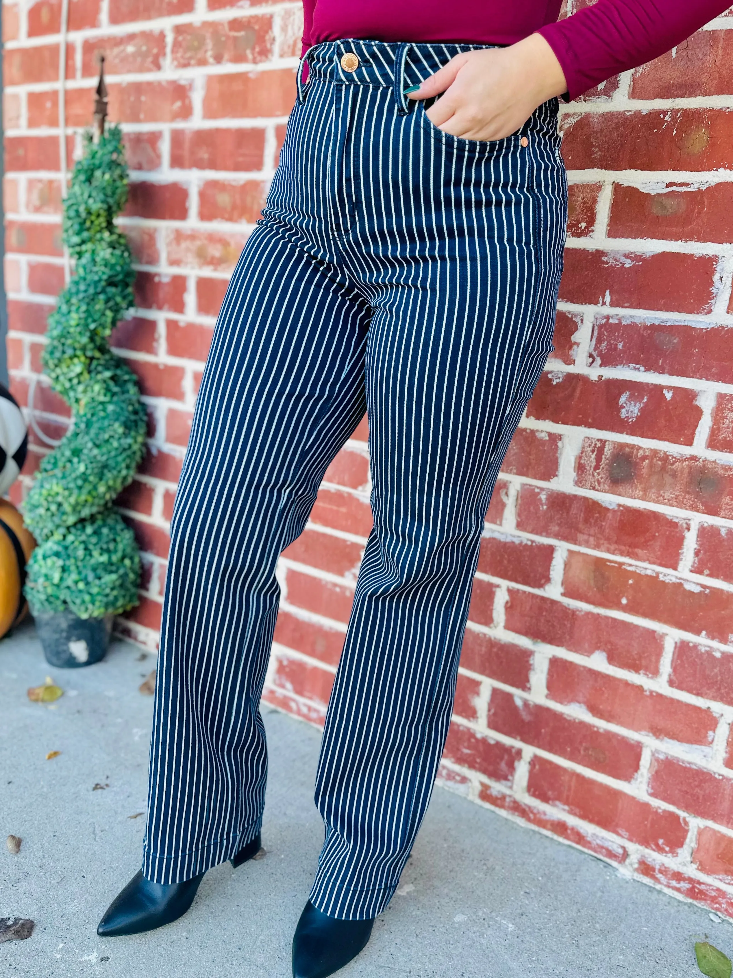 Sleek Striped Tummy Control Denim Jeans