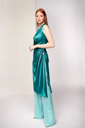 Sleeveless Draped Blouse with Flared Pants