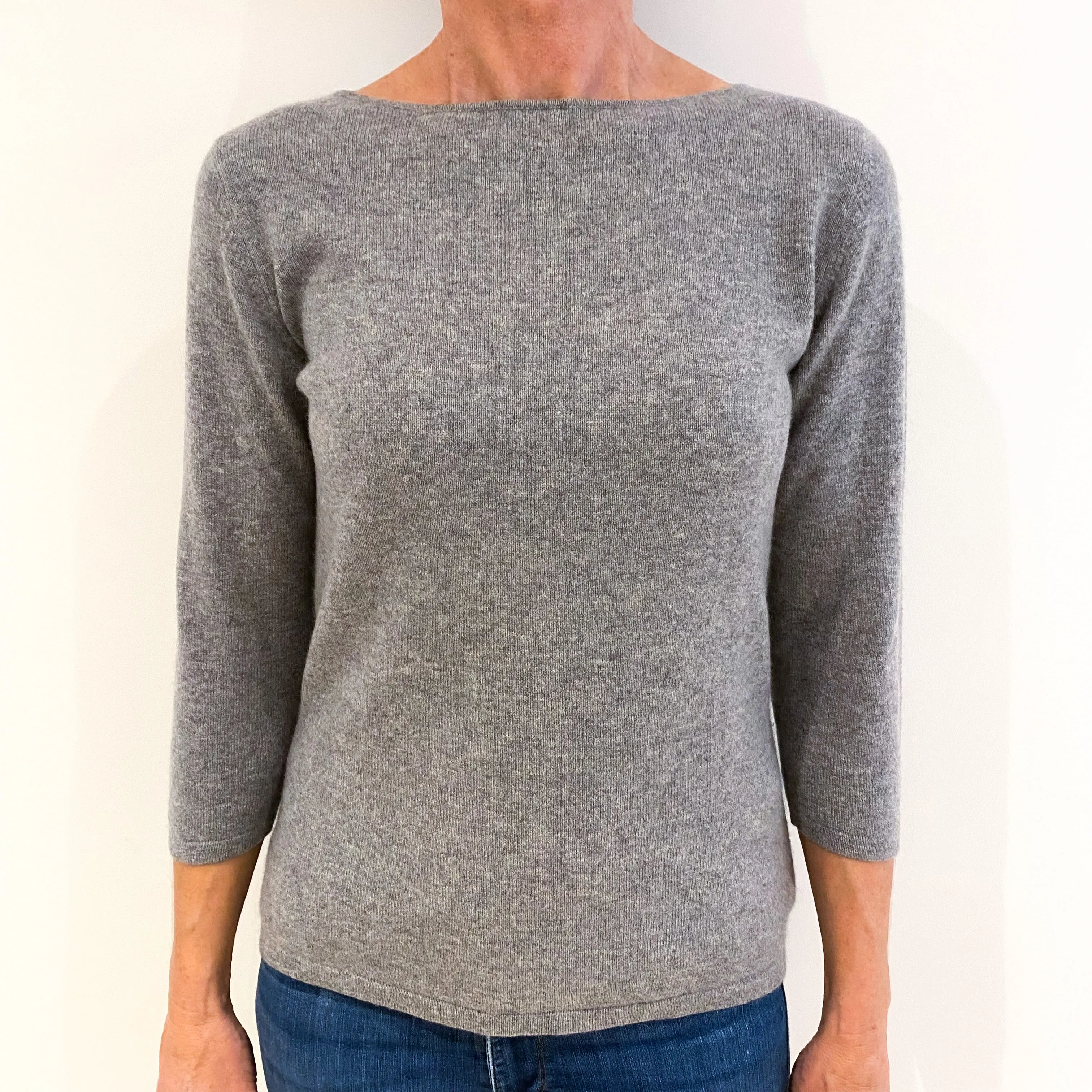 Smoke Grey 3/4 Sleeve Cashmere Boat Neck Jumper